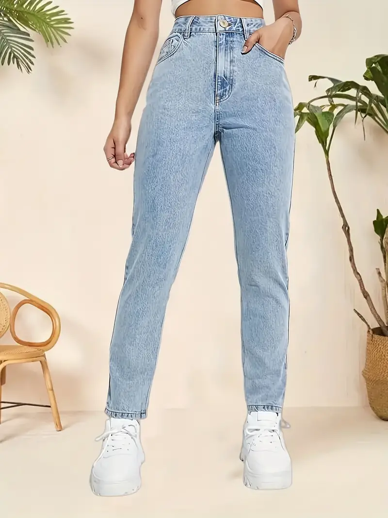 Jeans mom azul claro de cintura alta, pantalones de mezclilla recortados  holgados de tiro alto, jeans y ropa de mezclilla para mujer