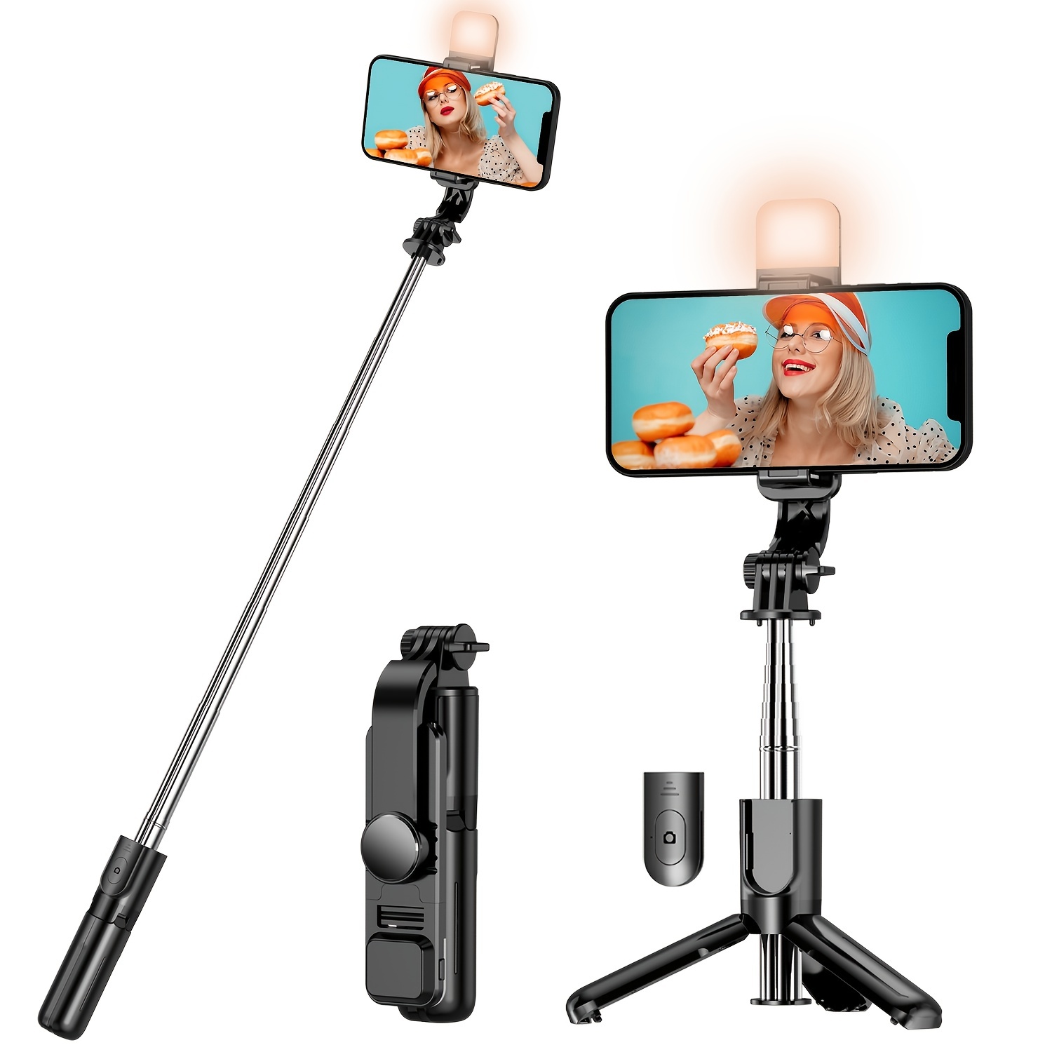 Trípode estable para selfie stick con luz de relleno, palo selfie  extensible de 44 pulgadas con control remoto inalámbrico y soporte de  trípode