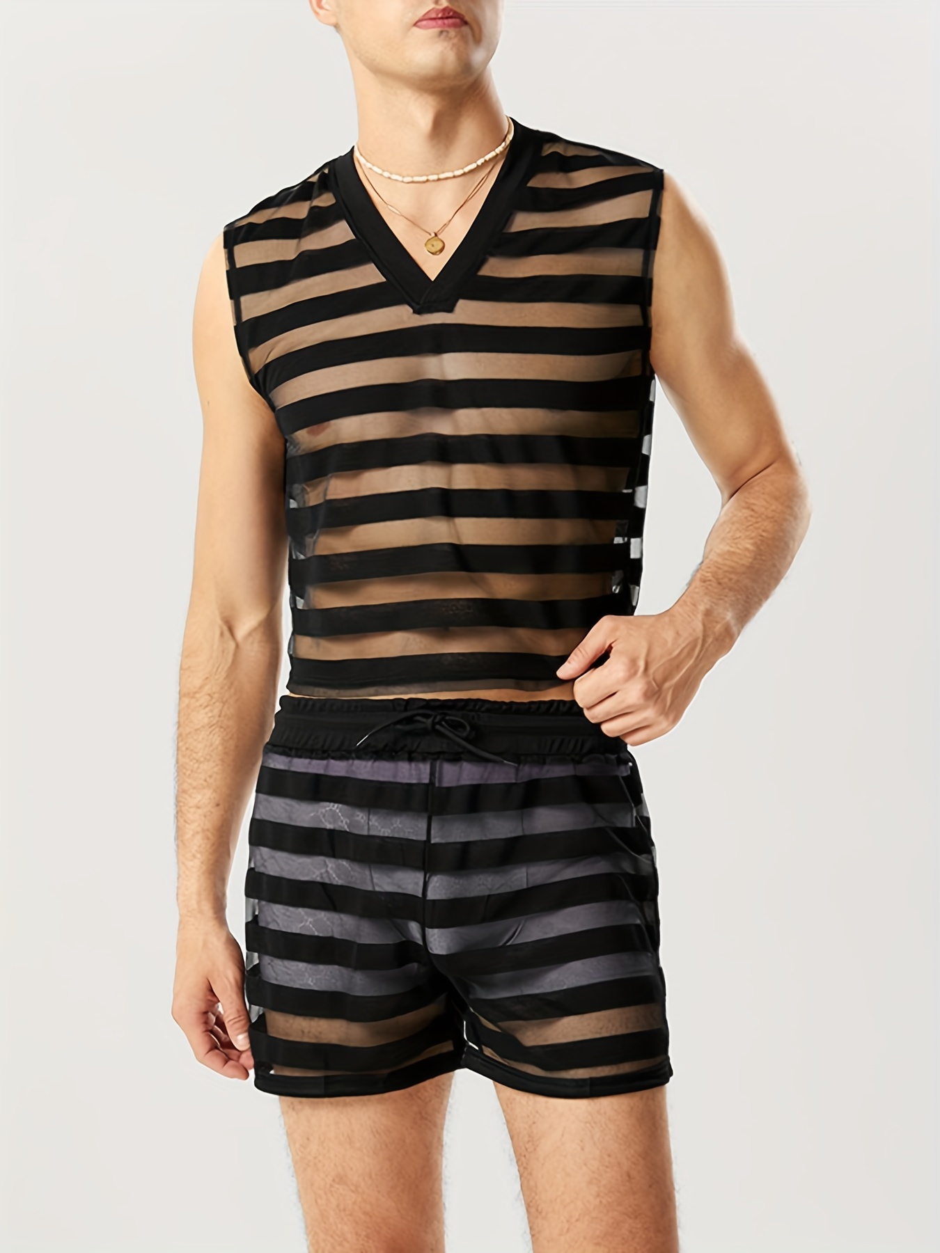 2pcs Men's Striped Sheer comfy Pajamas Set Vest + Short Pants Homewear Suit  Loungewear See Through Sexy Nightwear Set