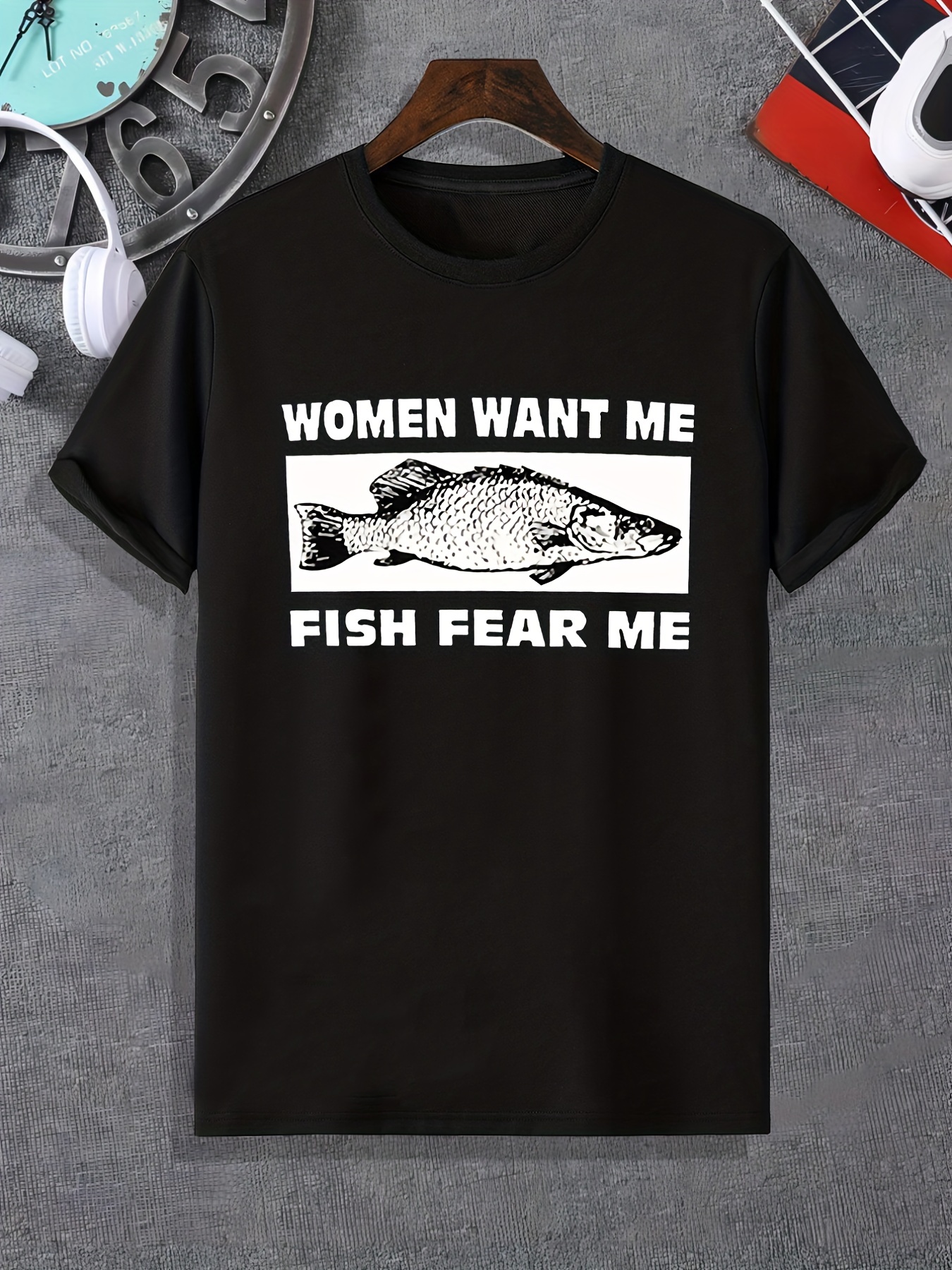 Women Want Fish Fear Print Men's Crew Neck Short Sleeve T - Temu
