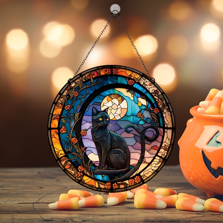 Acrylic Halloween Flower Cat Round Window Pendant