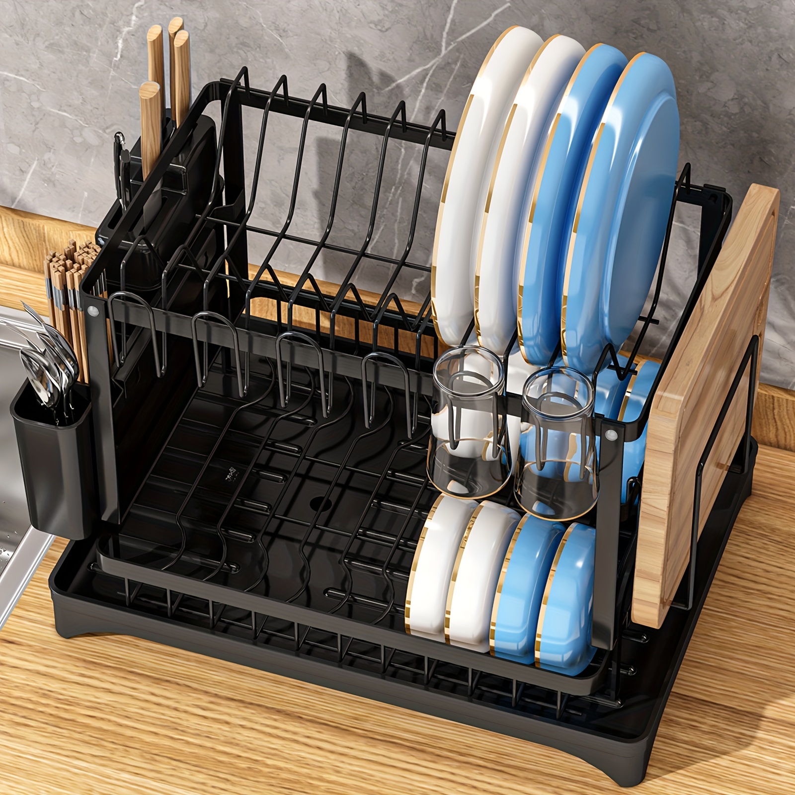  DUANFEE Dish Drying Rack - 2 Tier Small Dish Racks for Kitchen  Counter, Dish Drainer with Utensil Holder, Glass Holder and Drainboard,  Multifunctional Dish Dryer Rack(Black,Metal) : Everything Else