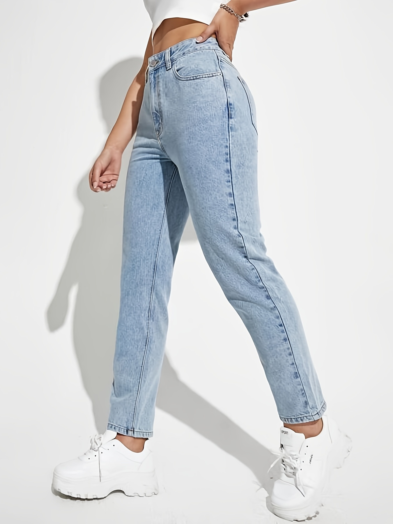 High Waist Light Blue Mom Jeans High Loose Fit Cropped - Temu