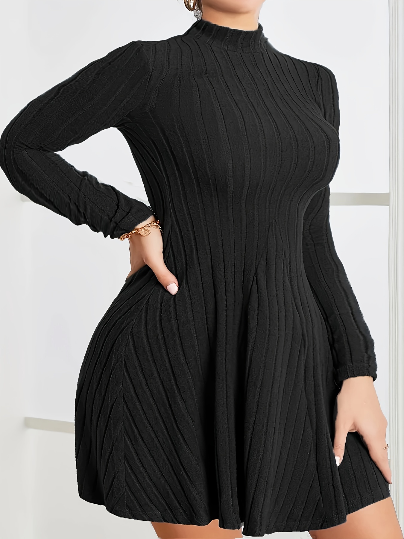 Plus Size Casual Dress Women's Plus Solid Ribbed Long Sleeve - Temu