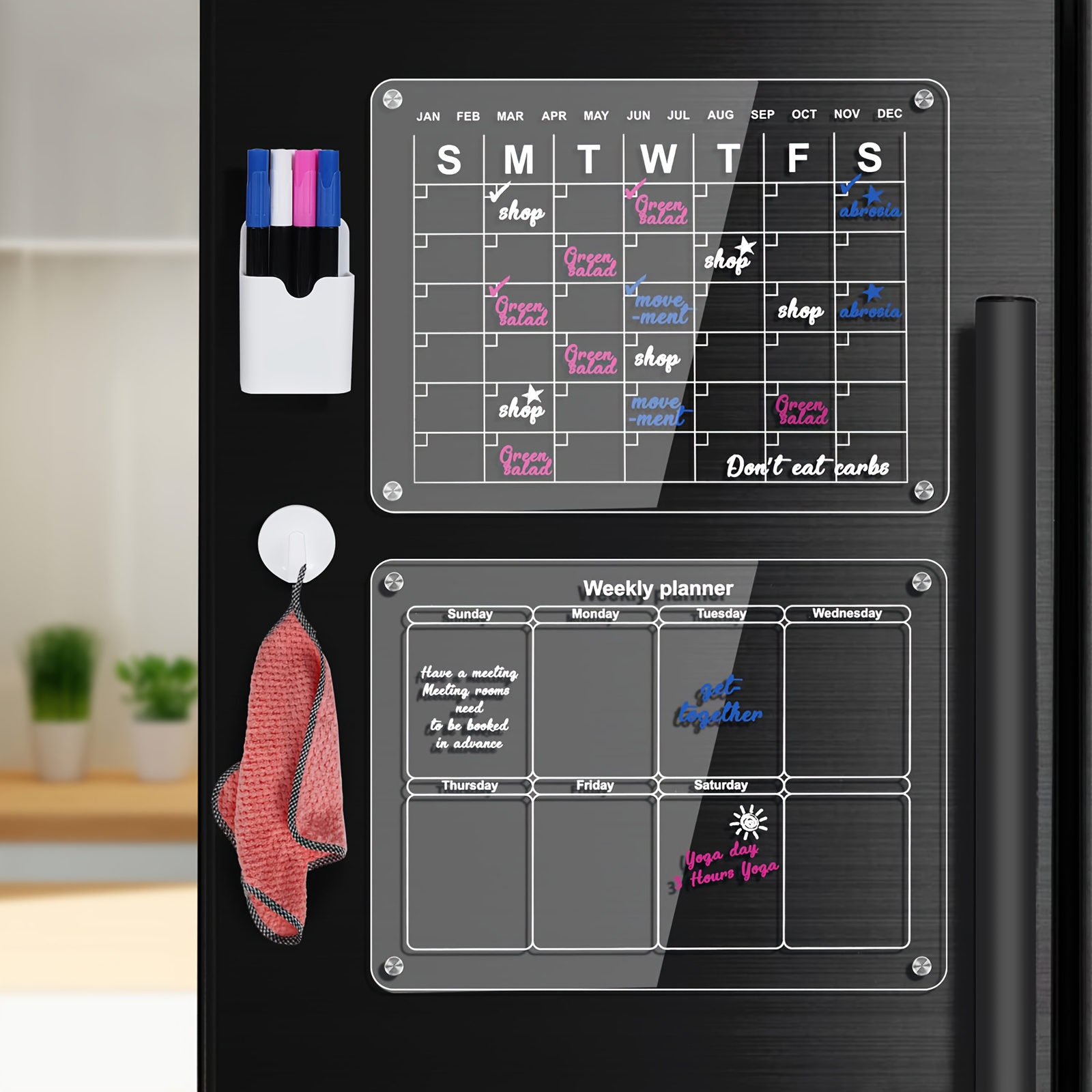 Calendario magnético de borrado en seco, calendario para refrigerador,  lista mensual, pizarra blanca, calendario familiar con 6 marcadores y  tablero