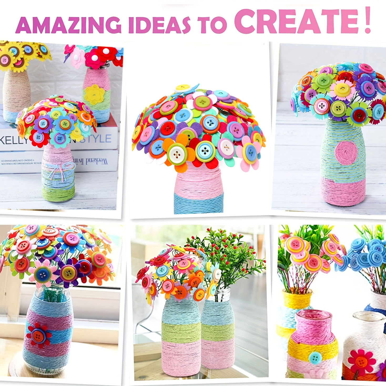 Flower Craft Kit Bouquet with Buttons and Felt Flowers Vase Art Toy Craft  Project Children Kid DIY Activity Toys Boys Girls Gift