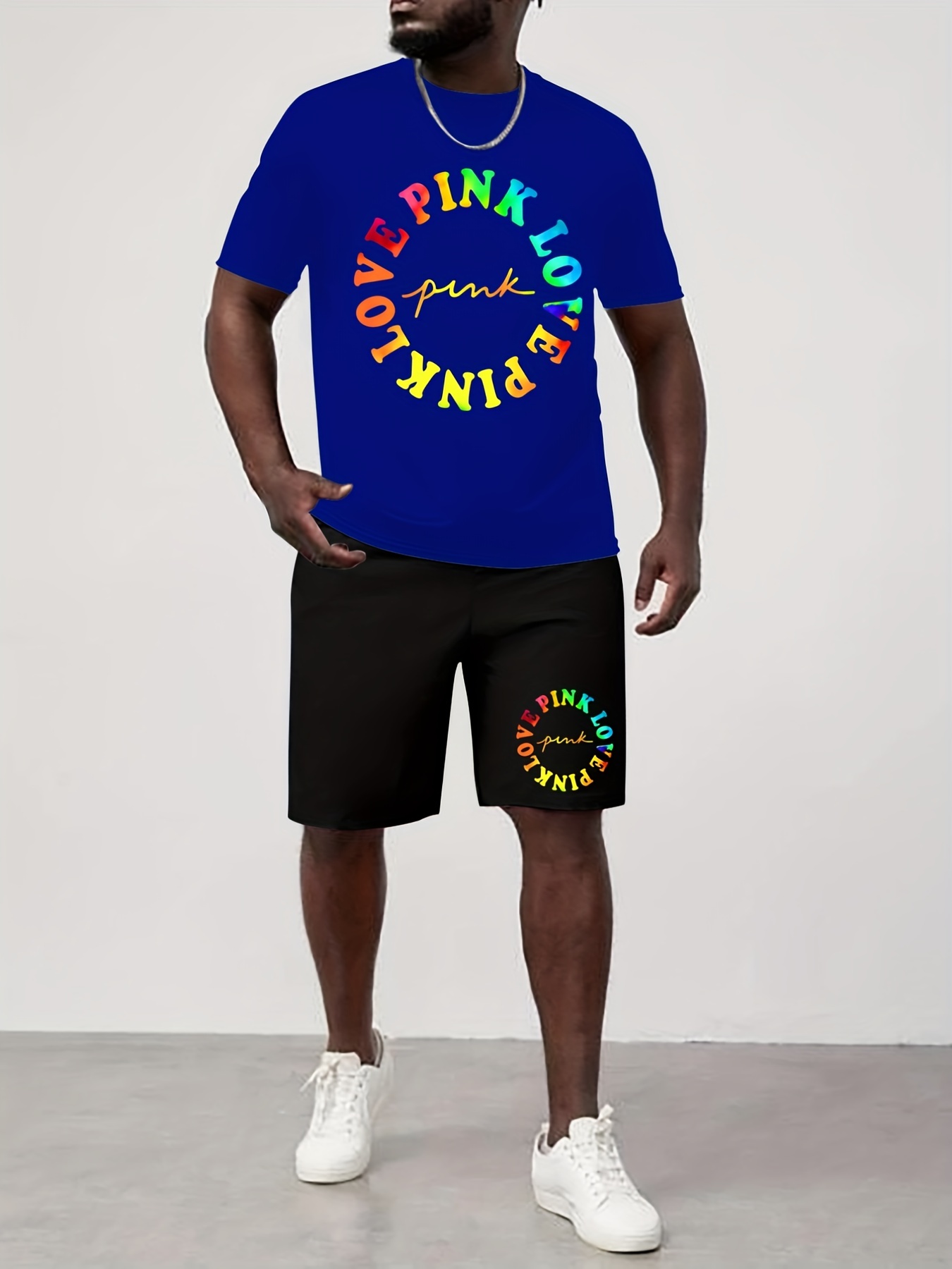 Plus Size Men's Gradient los Angeles T-shirt & Shorts Set For