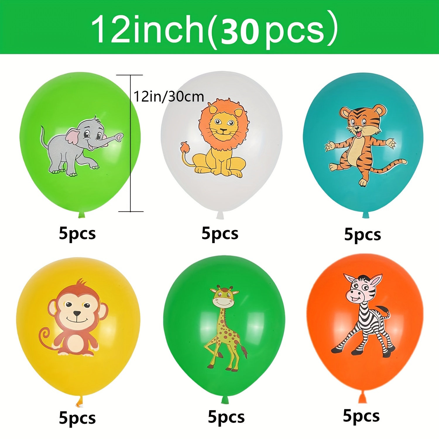 

30pcs 12 Inch Jungle Animal Cartoon Pattern Latex Balloon, 6 Different Animal Pattern Balloons, 2 Rolls Of Ribbon, Used For Balloon Decoration, Birthday Decoration, And Event Equipment Decoration