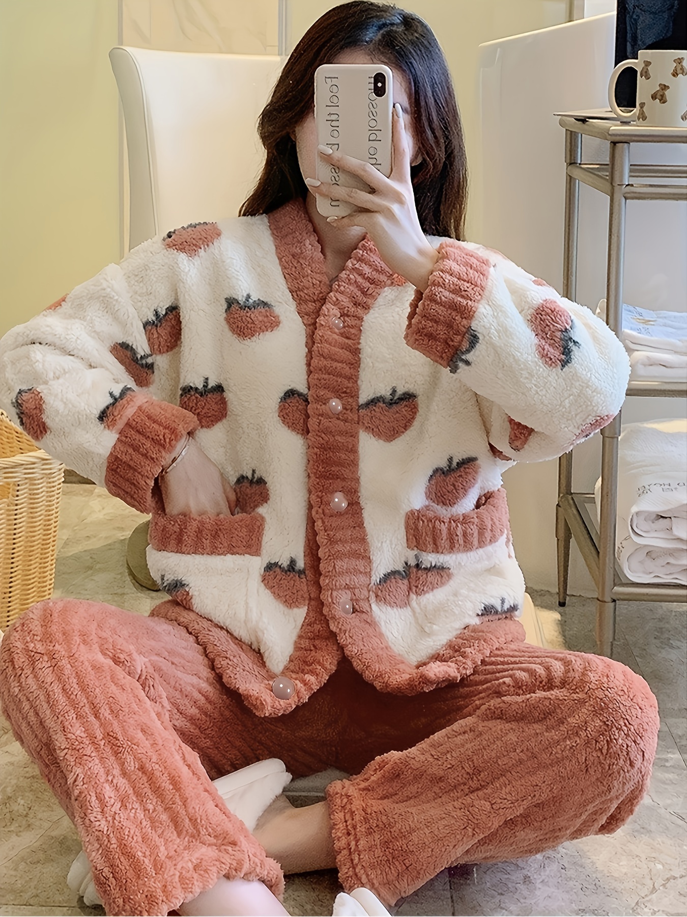 Casual Heart Print Fleece Pajama Set Long Sleeve Crew Neck - Temu