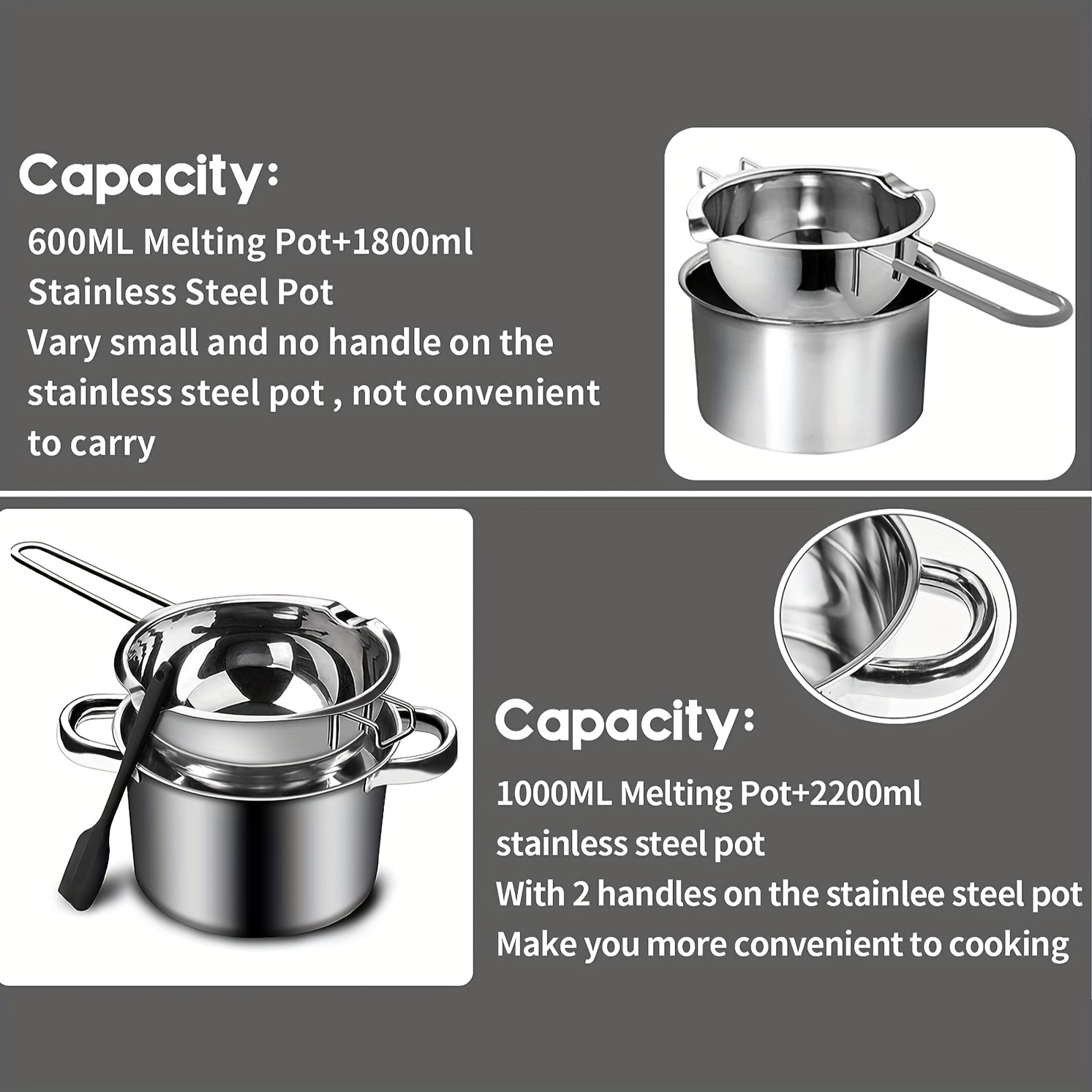 Double Boiler Pot Set, Stainless Steel Melting Pot With Silicone Spatula  For Melting Chocolate, Soap, Wax, Candle Making 600ml And 1600ml