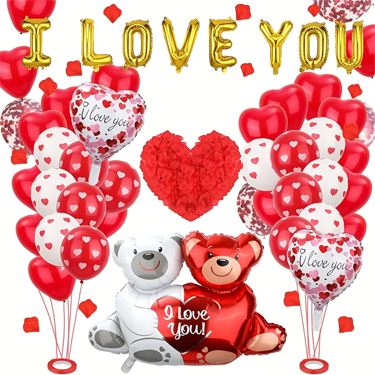 

1058pcs Red Heart Balloons Heart Bear Balloons Valentine's Day Balloons Set, Contains 1000pcs Rose Petals I Love You Balloons For Valentine's Day Party Anniversary Proposal Romantic Decoration