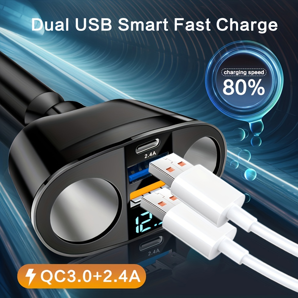 200W QC3.0 PD Car Charger 5A Fast Charing 2 Port 12-24V Cigarette