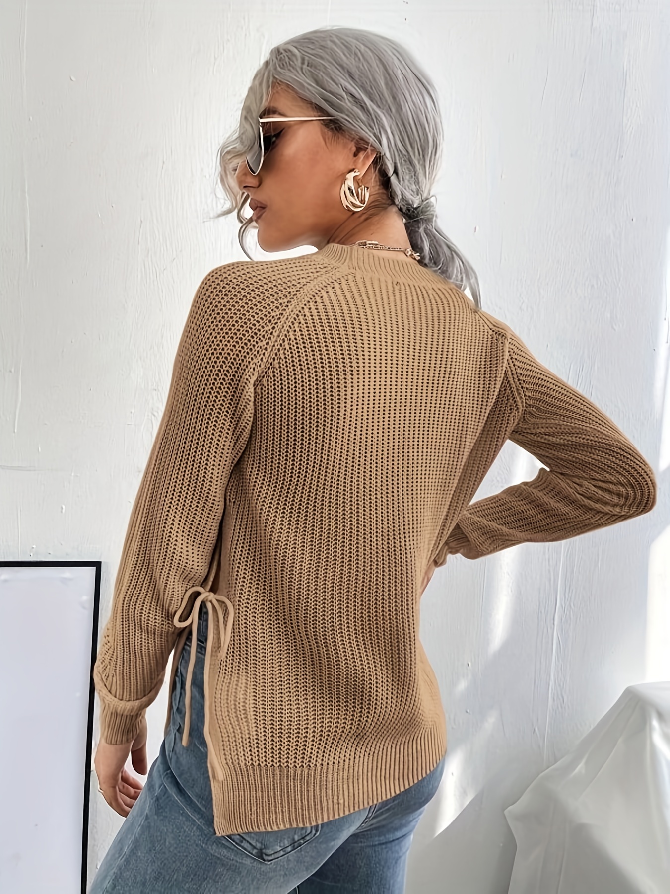 Solid Crew Neck Tied Side Sweater, Casual Long Sleeve Sweater For