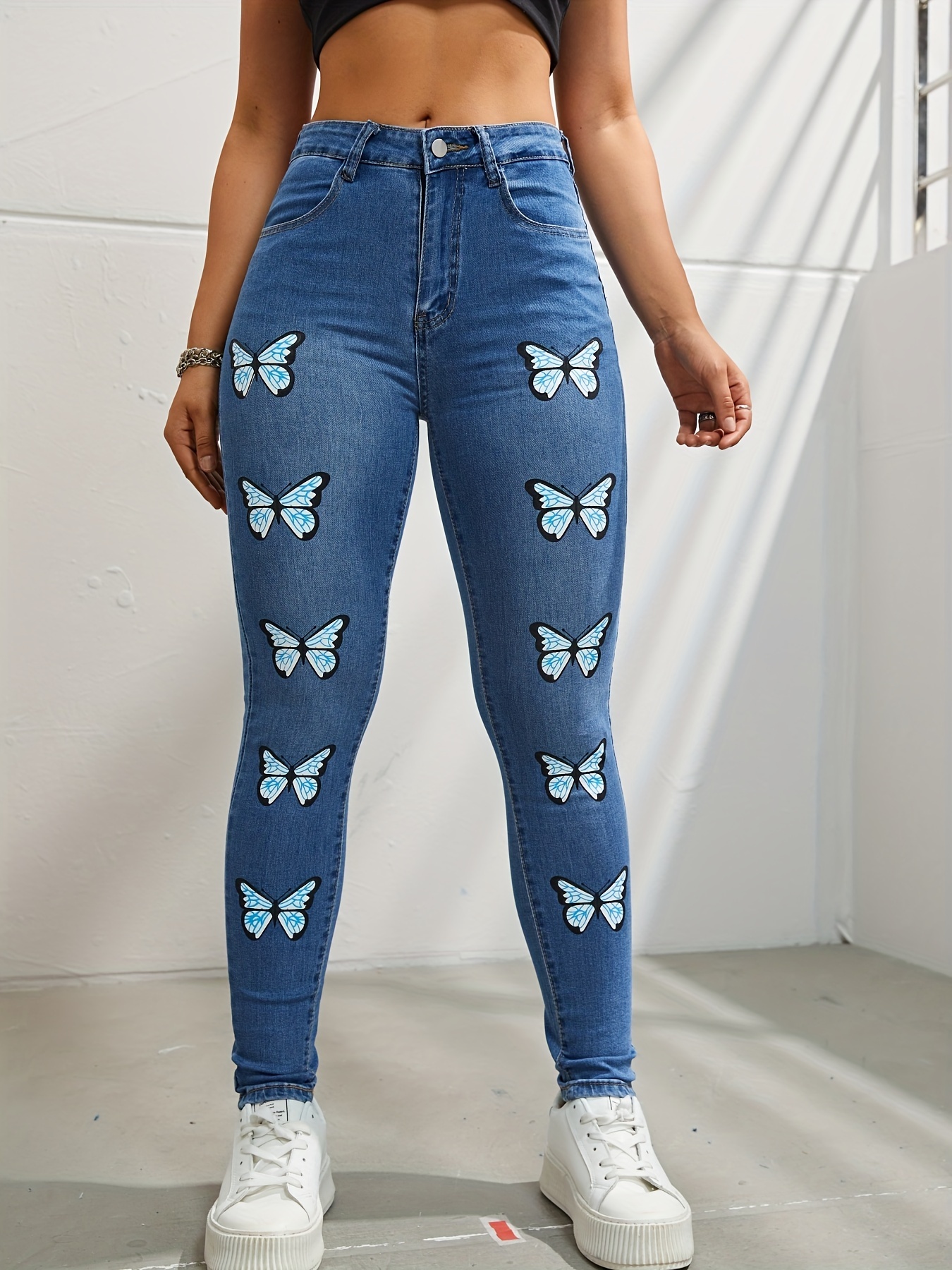 Butterfly Print High Stretch Skinny Jeans Slash Pocket Y2k - Temu Canada