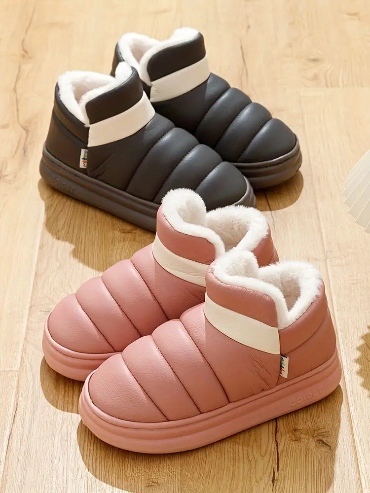 waterproof outsole plush lined slippers solid color slip on soft sole high winter indoor outdoor slippers details 1