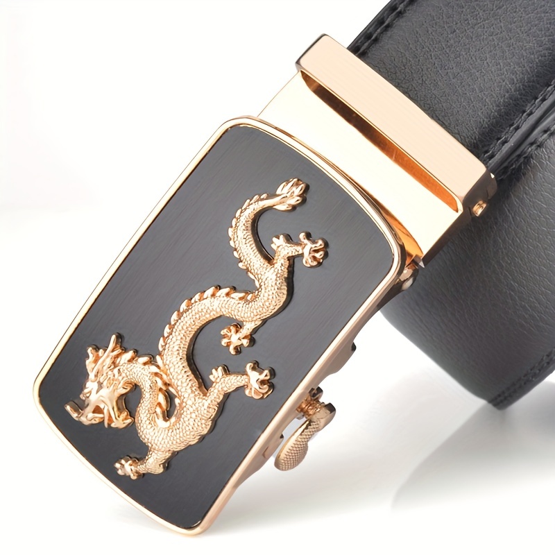 Men's Leather Belt Dragon Pattern Automatic Buckle Business Suit Waist Strap