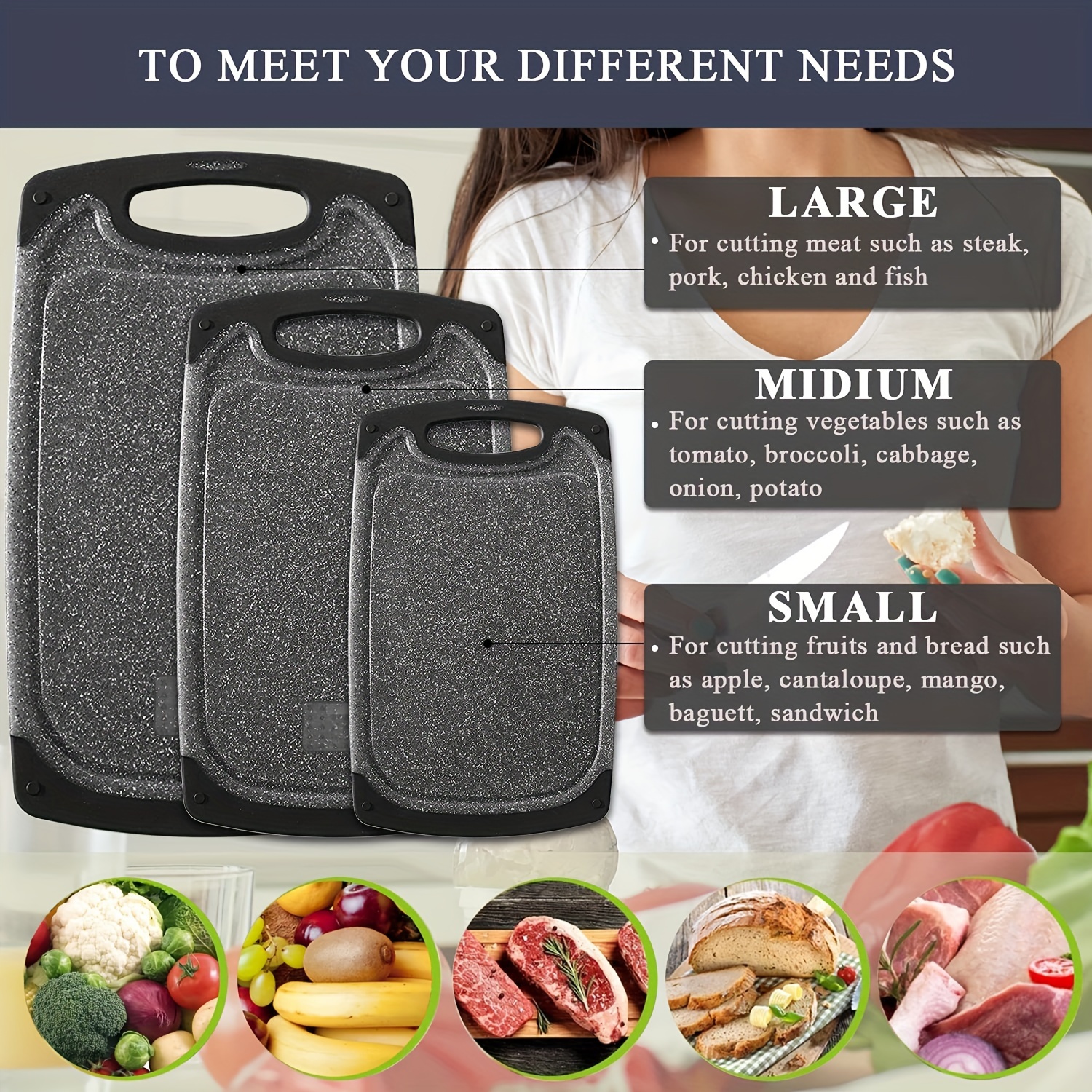 Cutting Boards for Kitchen, Plastic Cutting Board Set of 3, Dishwasher Safe  Cutting Boards with Juice Grooves for Meat, Veggies, Fruits, Easy Grip