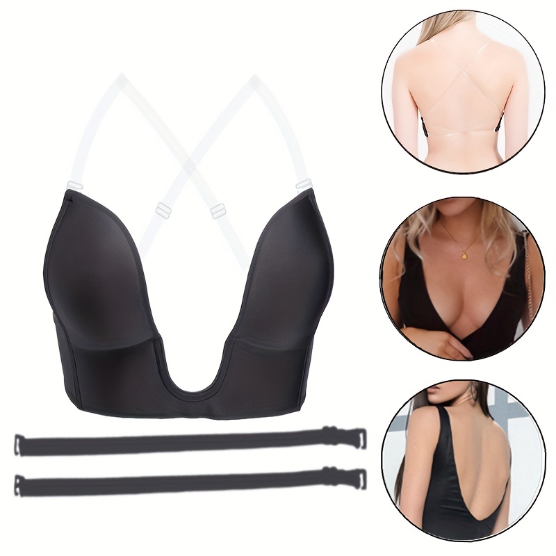 Deep U-neck Bra, Soft & Breathable Plunge Bra With Free 1pair Transparent  Straps, Women's Lingerie & Underwear