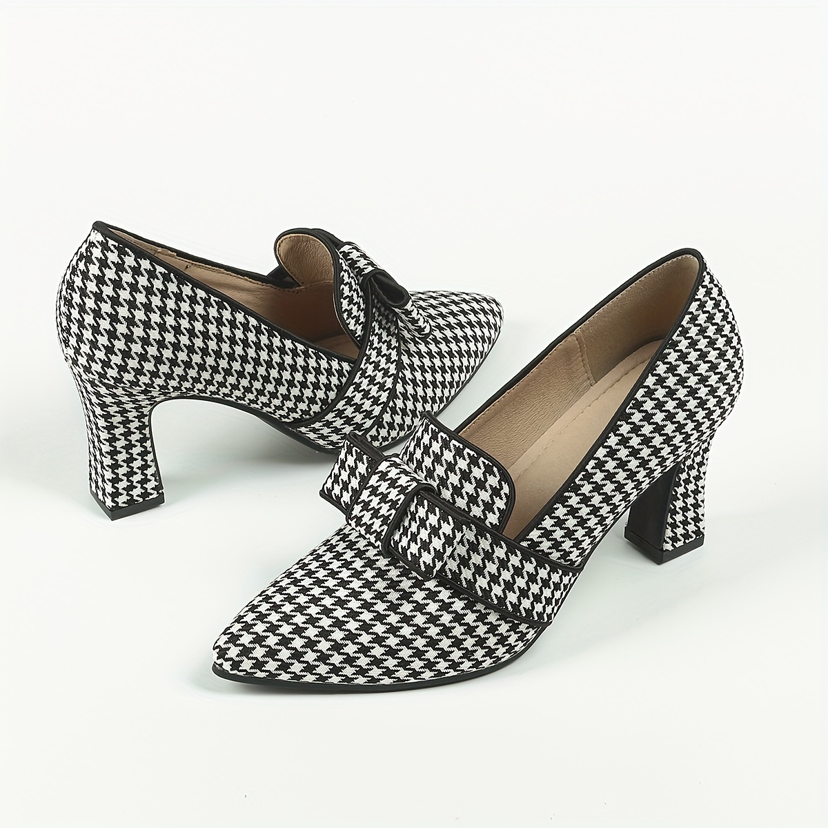 Women's Houndstooth Pumps Bowknot Slip On Chunky Heels