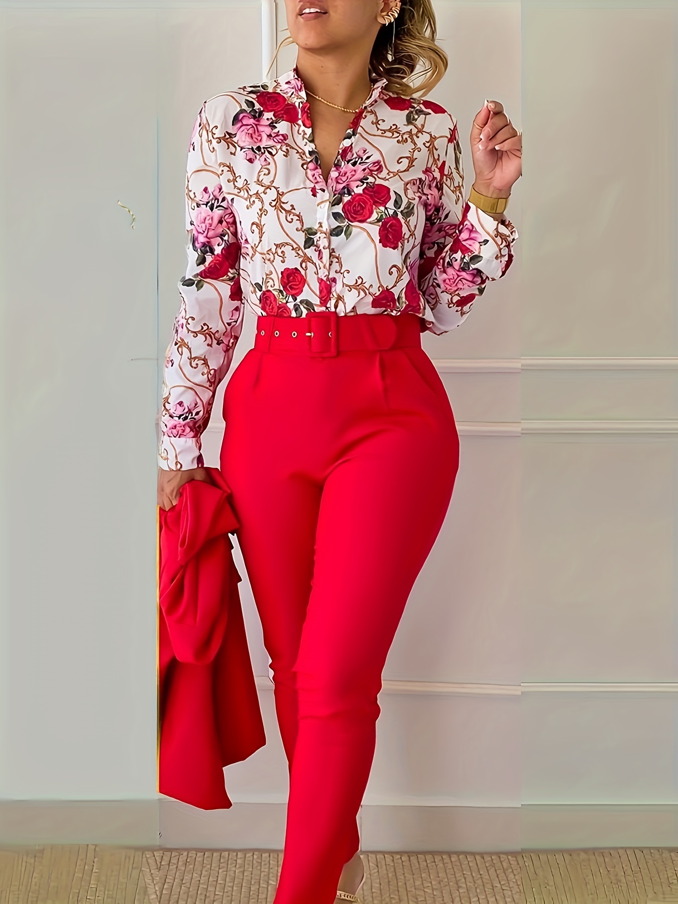 Floral Print V Neck Blouse & Tapered Pants Set