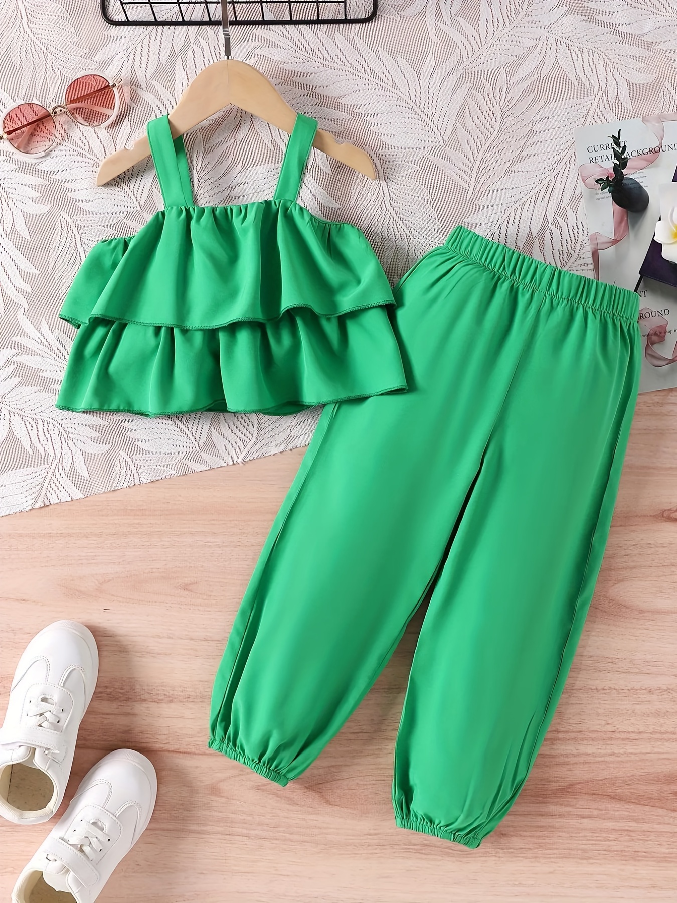 Girls Ruffle Cami Top Elastic Waist Pants Solid Color Casual - Temu