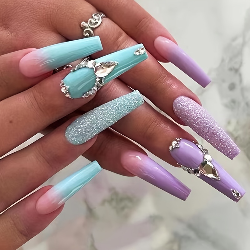 Glossy Blue Coffin Press On Nails With Rhinestones Long - Temu