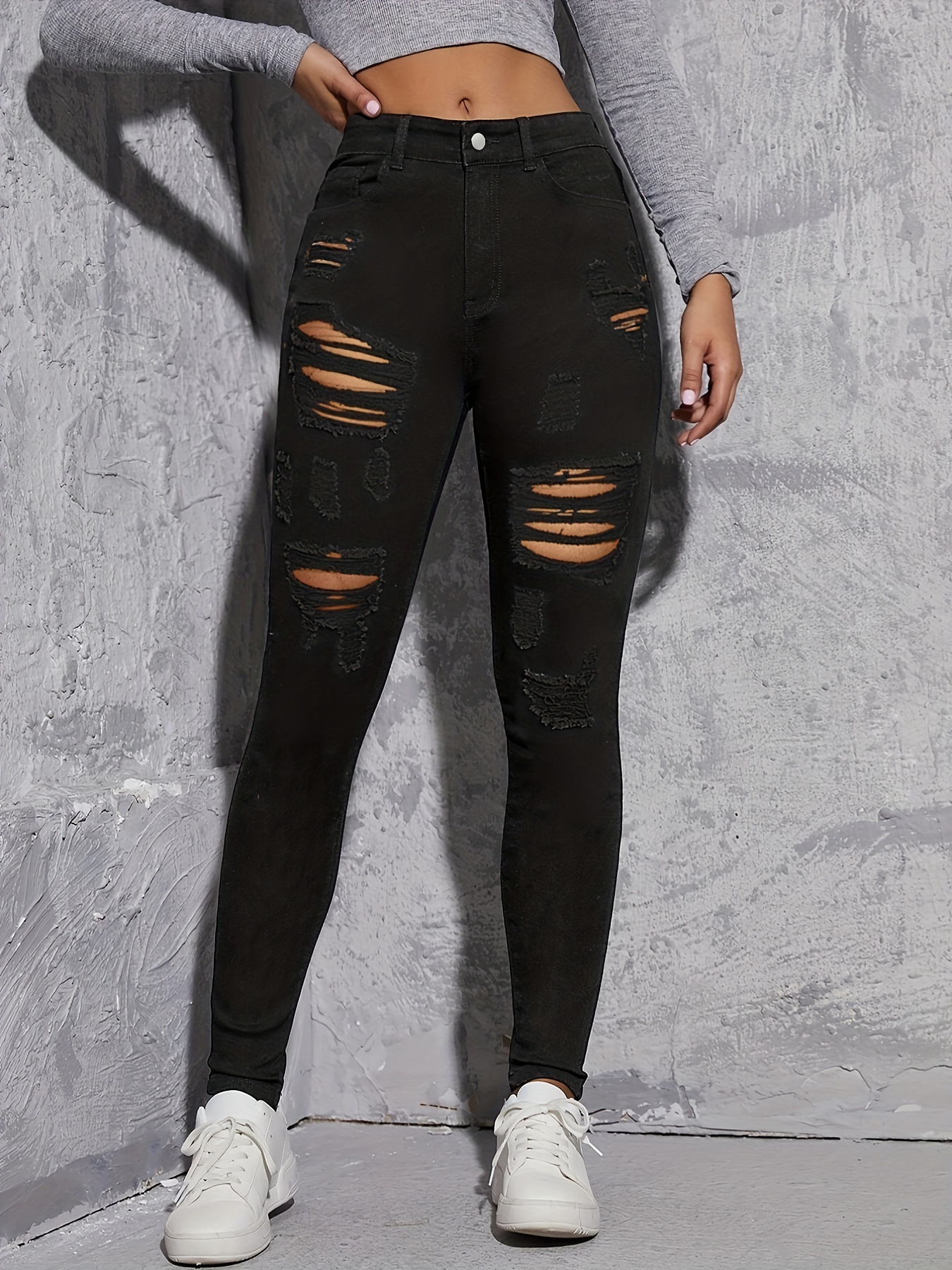 Destroyed Ripped Skinny Jeans Water Ripple Embossed High - Temu