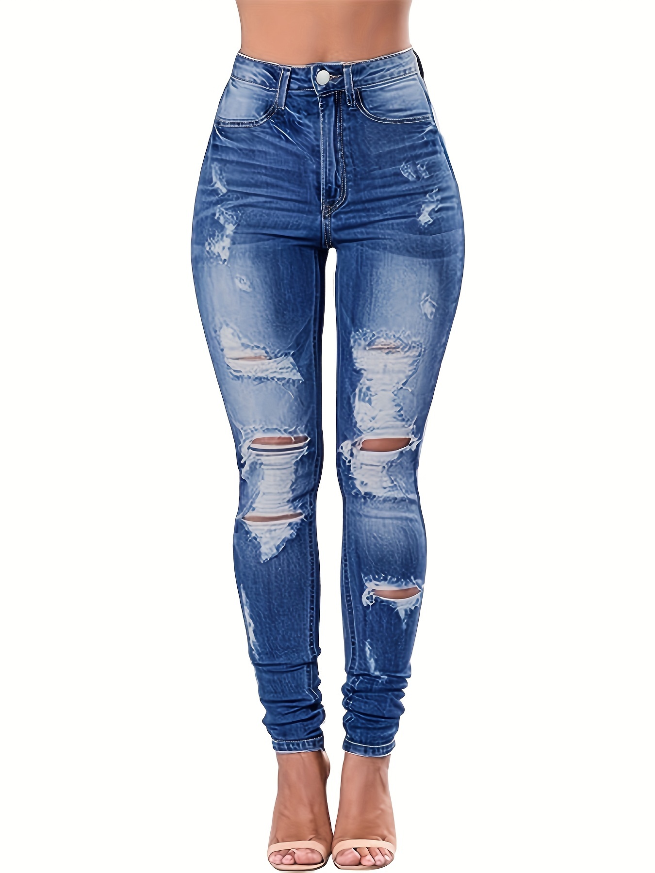 Blue Ripped Holes Skinny Jeans, Slim Fit Slant Pockets Distressed Tight  Jeans, Women's Denim Jeans & Clothing