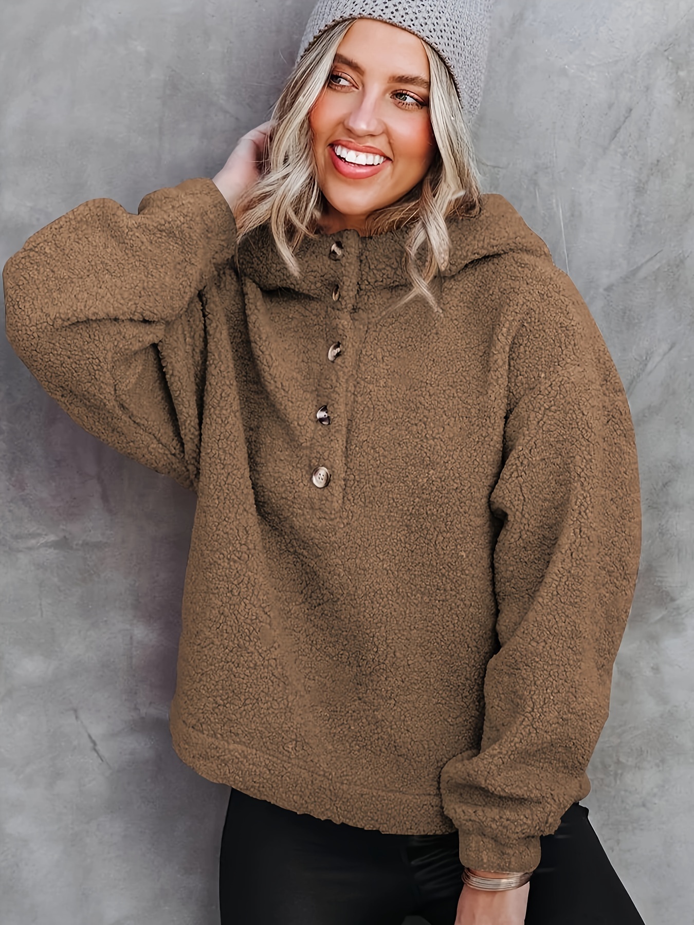 Solid Color Half Button Fuzzy Hoodie Casual Long Sleeve Temu