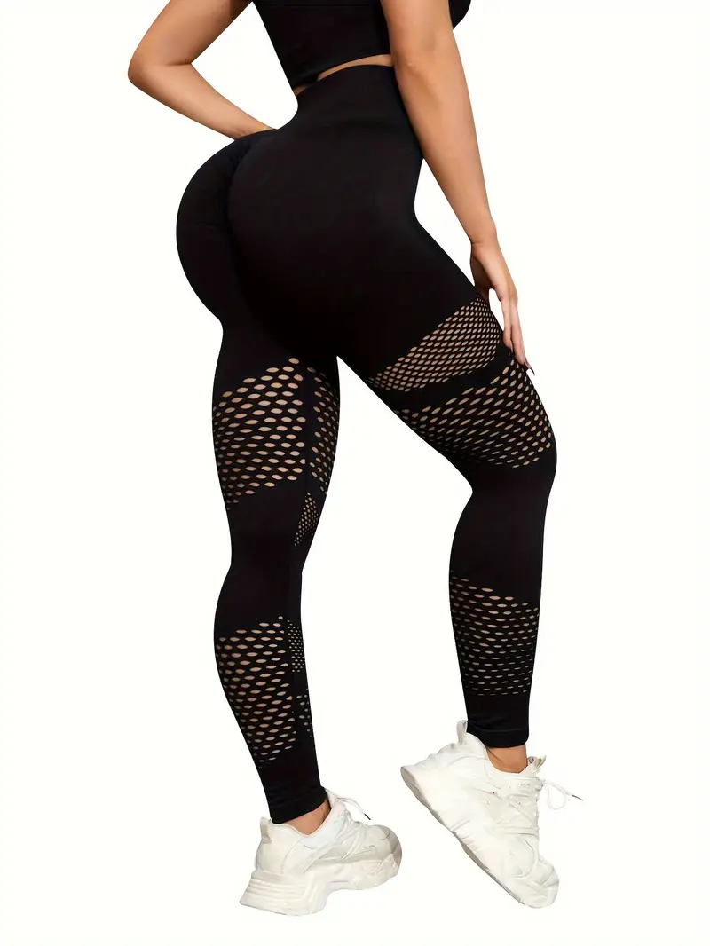 Hollow Out High Waist Ripped Leggings, Sports Fitness Yoga Running Pants,  Women's Activewear