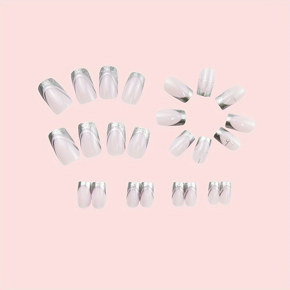 24pcs silvery glitter french tip press on nails fake nails with bowknot design short square shape false nails for women girls christmas nail decor details 2