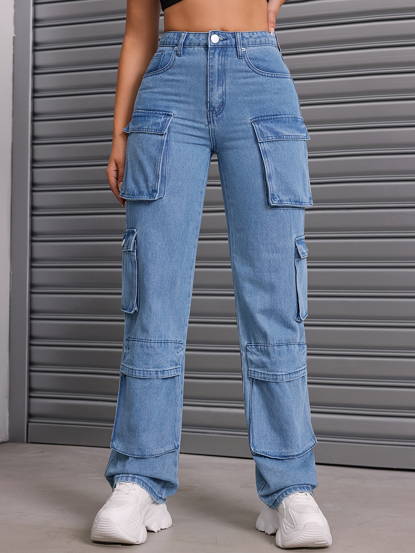 Flap Pockets Boyfriend Cargo Pants, Loose Fit Drawstring Elastic Waist  Straight Jeans, Women's Denim Jeans & Clothing
