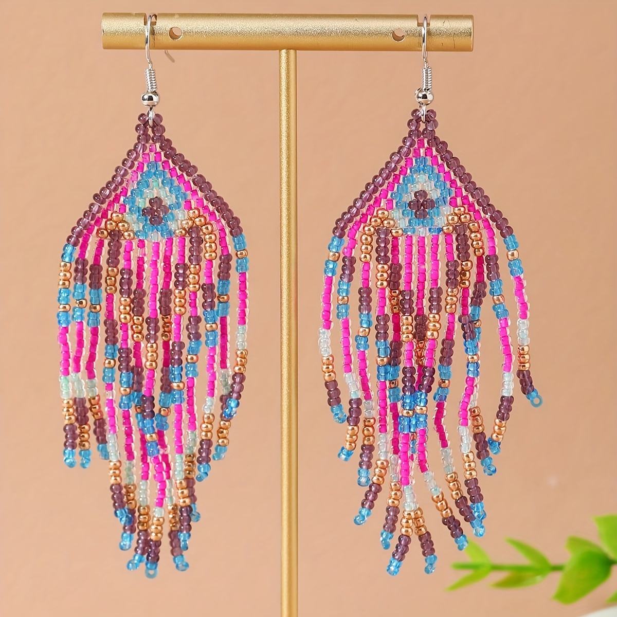 

1 Pair Of Handmade Dangle Earrings Retro Design Made Of Tiny Beads Match Daily Outfits Party Accessories Gift For Female