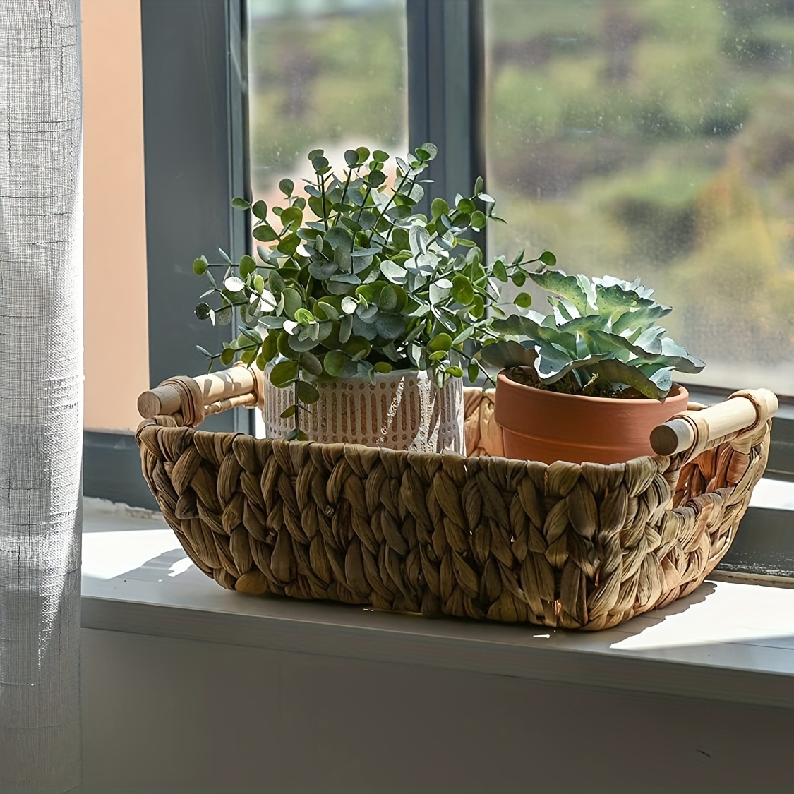 1pcs Decorative Water Hyacinth Wicker Storage Basket with Wooden Handles -  Multipurpose Plant and Sundries Organizer for Bathroom, Bedroom, and Living