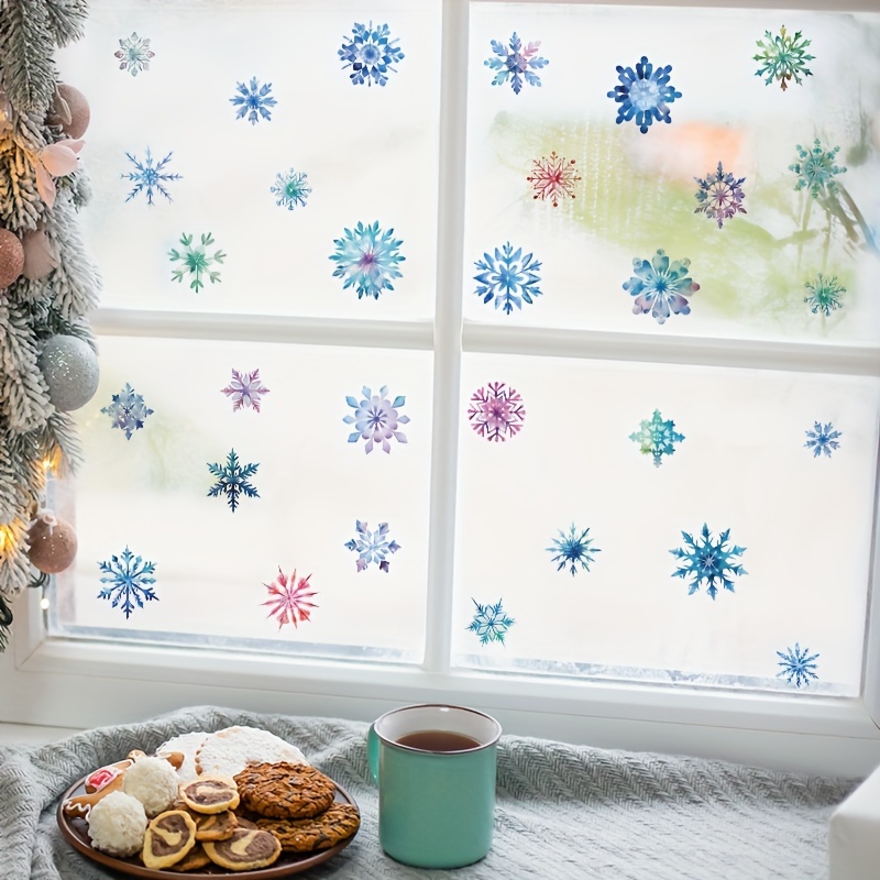 Lot De 6 Feuilles D'Autocollants Statiques Flocons De Neige - Déco Fenêtre Noël, PVC, Double Face - 3