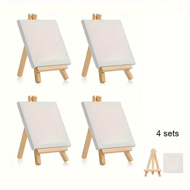 6 Pack Mini Canvas And Easel Set Mini Canvas Panels Mini Wood Easels,  Canvas Size Is 4 X 4; Easel Size Is 3.1 X 5.9 For Kids Painting,  Oil Painting And Diy