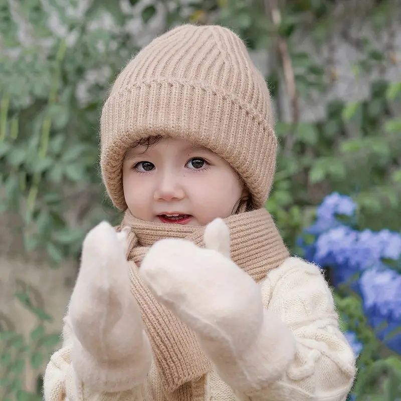 2pcs+1pair/set Boys Knitted Hat Beanie, Scarf, and Gloves, Warm Winter Set,Temu