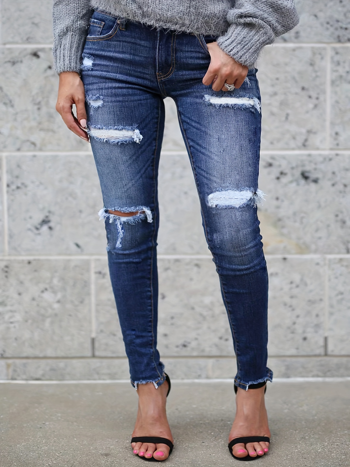 Black Ripped Holes Skinny Jeans Distressed Slim Fit Mid - Temu Mexico
