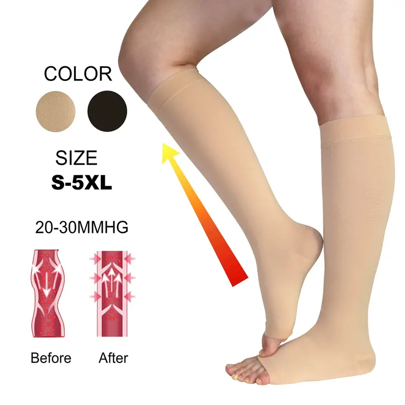 1pair Graduated Compression Socks for Men and Women - Open Toe, Knee High,  20-30 mmHg Support Hose for Varicose Veins and Circulation - Plus Size Avai