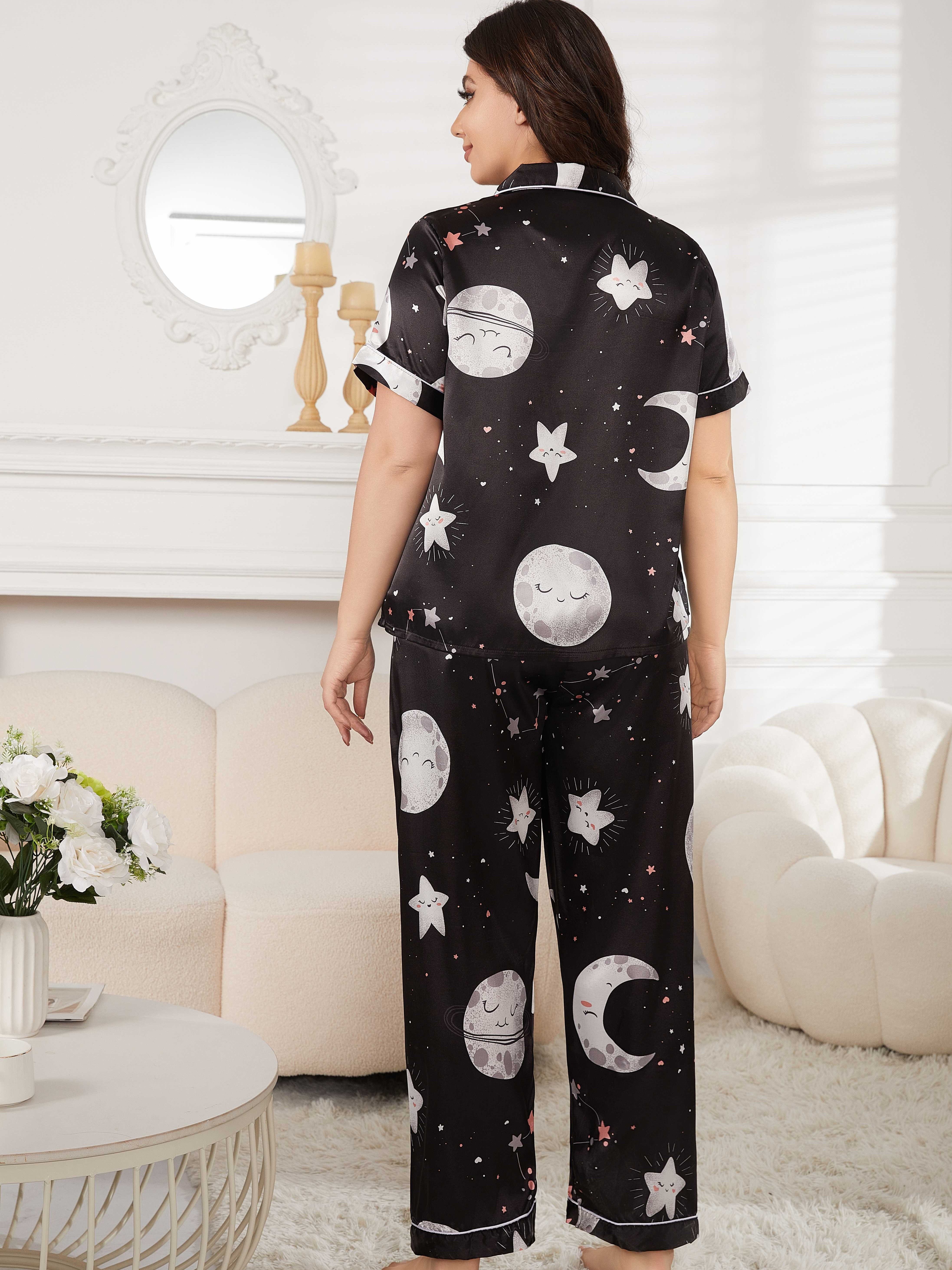 Stars Printed Black Silk Pajamas For Women