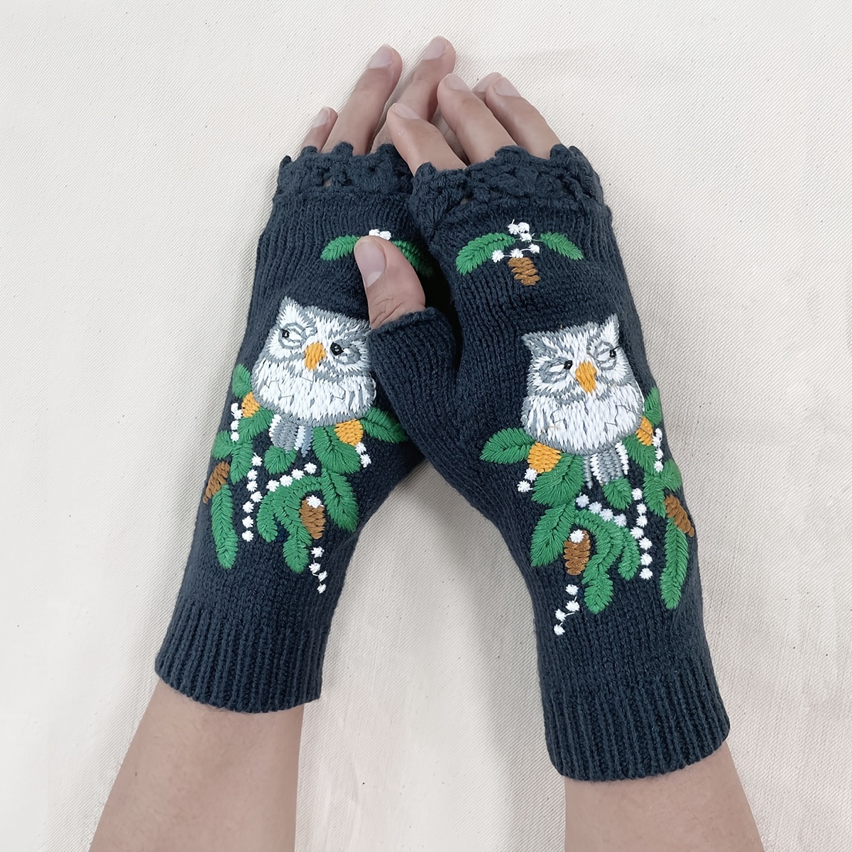 Color Block Half Finger Gloves Bird Embroidery Warmer Knit - Temu