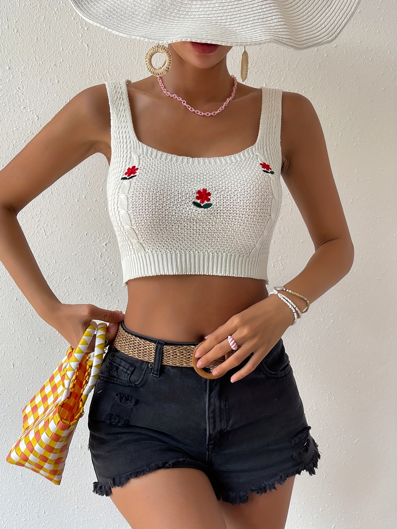 Floral Embroidery Twist Textured Crop Tank Top Casual Crew - Temu