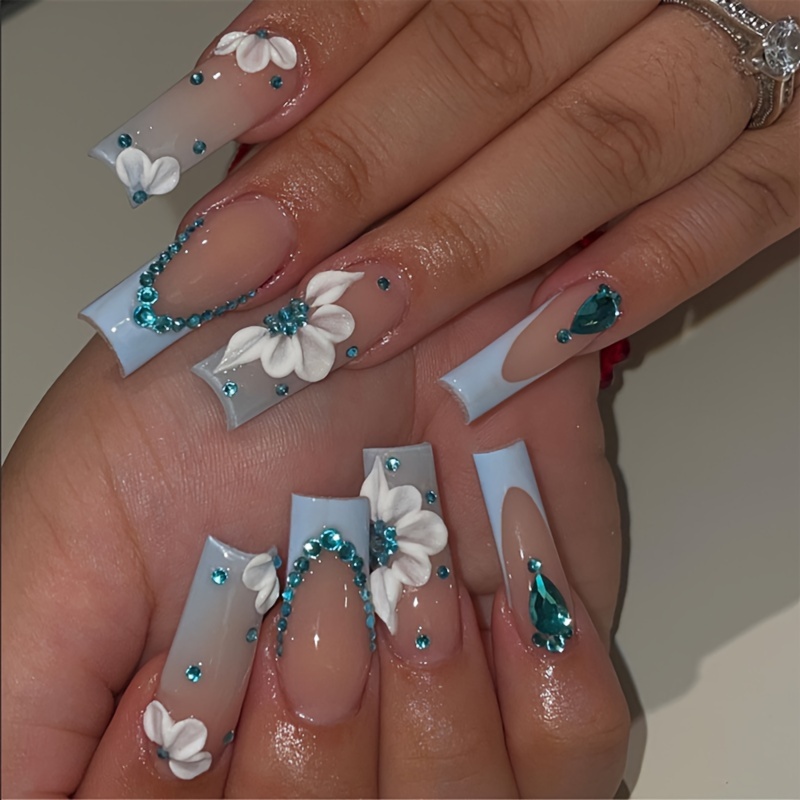 

Spring Summer 24pcs Glossy Long Square Fake Nails, Macaron Blue French Tip Press On Nails With Embossed Flower, Rhinestone Design, Fresh False Nails For Women Girls For Easter