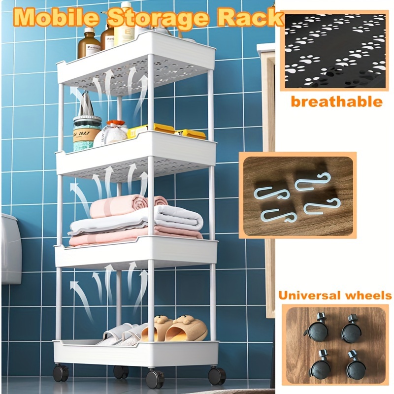 2/3/4 Layer Gap Storage Rack Kitchen Slim Slide Tower Movable Assemble  Plastic Bathroom Shelf Wheels Space Saving Organizer 