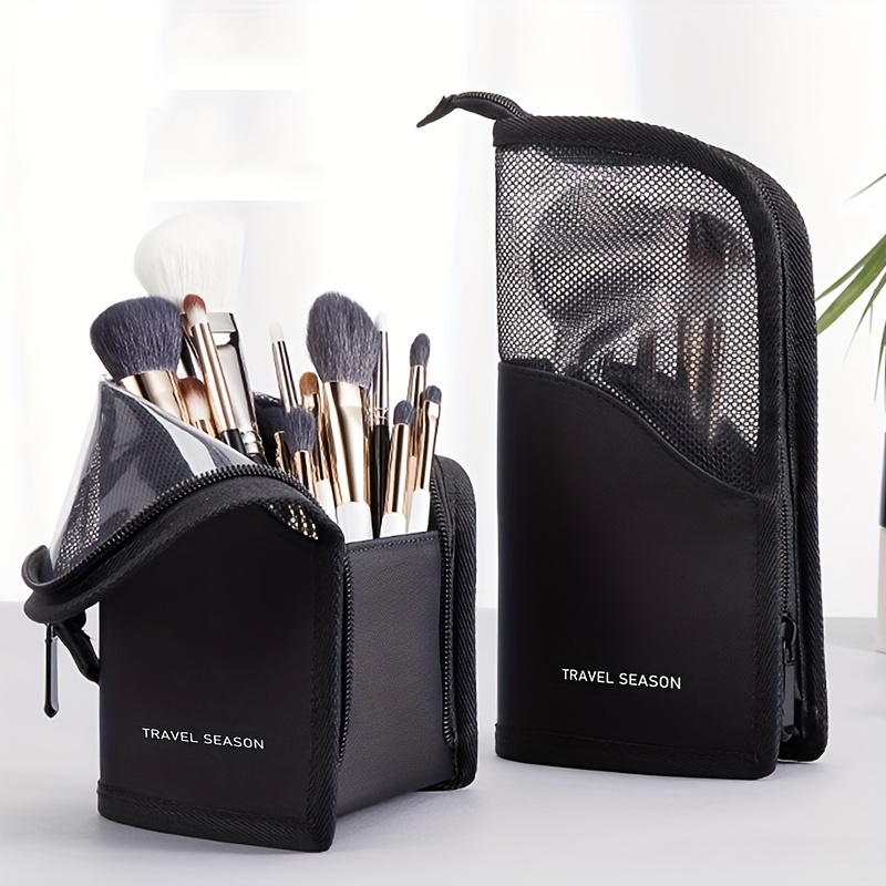 1pc Simple Large Capacity Standing Makeup Brush Bag, Portable Cosmetic Bag  For Eye Shadow Brush, Eyebrow Pencil Organizer