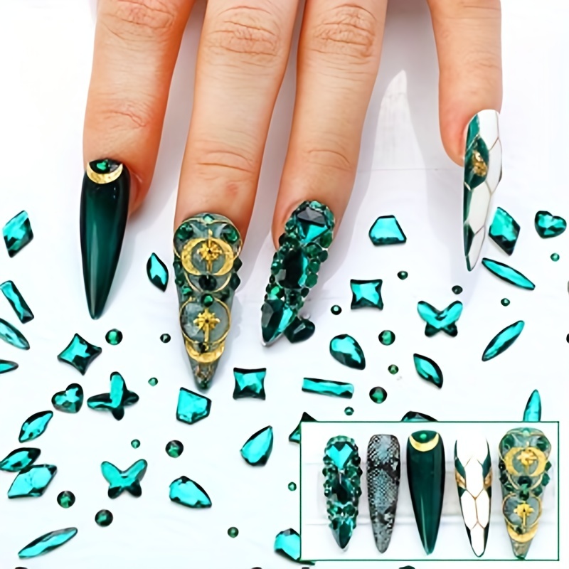 Green Rhinestones Nails 3d Flatback Nail Crystal Gems Multi - Temu