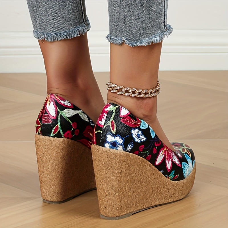 Women's Platform Wedge Heels Floral Pattern Slip High Heels - Temu