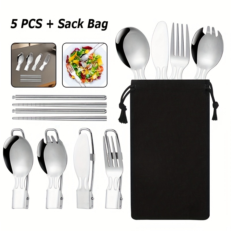 Foldable Tableware, Stainless Steel Portable Camping Picnic Folding Cutlery  Set Knife Fork Spoon with Bag for Camping Outdoors