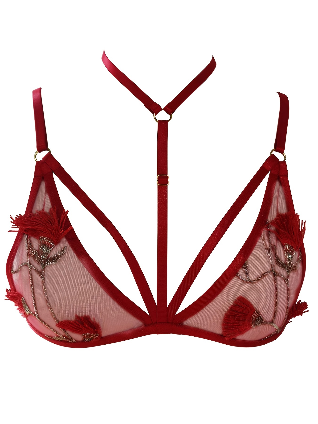Sexy Red Lace Floral Embroidered Harness Bra Elastic Mesh - Temu France