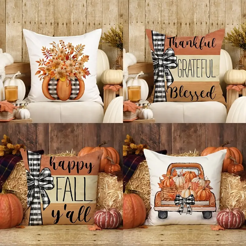 Fall Pillow Covers Happy Fall Pumpkin Truck Floral Pillows - Temu